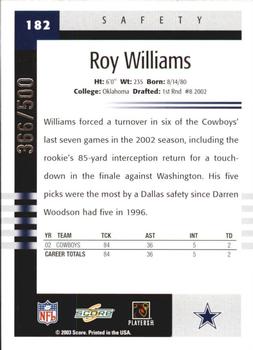 2003 Score - Scorecard #182 Roy Williams Back