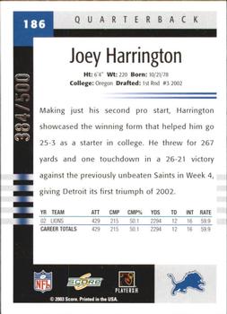 2003 Score - Scorecard #186 Joey Harrington Back
