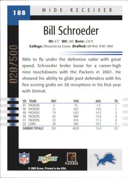 2003 Score - Scorecard #188 Bill Schroeder Back