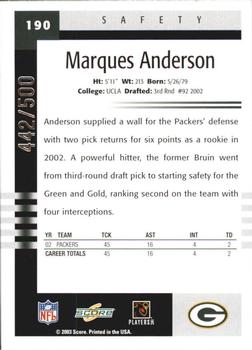 2003 Score - Scorecard #190 Marques Anderson Back