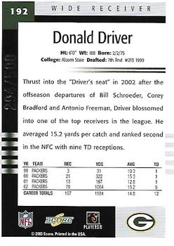 2003 Score - Scorecard #192 Donald Driver Back
