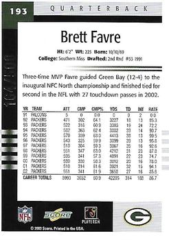 2003 Score - Scorecard #193 Brett Favre Back