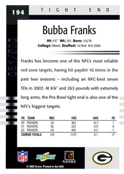 2003 Score - Scorecard #194 Bubba Franks Back