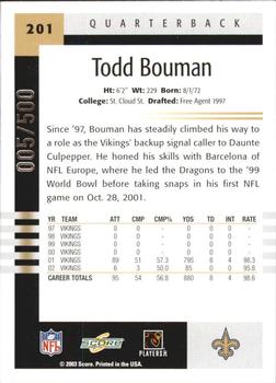 2003 Score - Scorecard #201 Todd Bouman Back