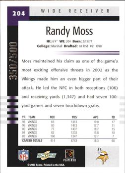 2003 Score - Scorecard #204 Randy Moss Back