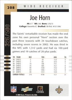 2003 Score - Scorecard #208 Joe Horn Back