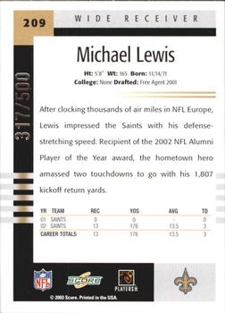 2003 Score - Scorecard #209 Michael Lewis Back