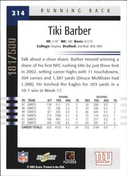 2003 Score - Scorecard #214 Tiki Barber Back