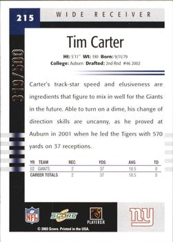 2003 Score - Scorecard #215 Tim Carter Back