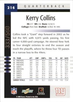 2003 Score - Scorecard #216 Kerry Collins Back