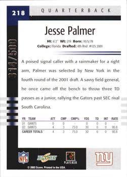 2003 Score - Scorecard #218 Jesse Palmer Back
