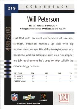 2003 Score - Scorecard #219 Will Peterson Back
