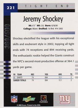 2003 Score - Scorecard #221 Jeremy Shockey Back