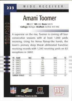 2003 Score - Scorecard #223 Amani Toomer Back