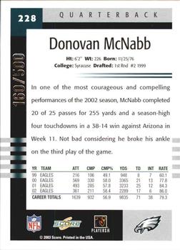 2003 Score - Scorecard #228 Donovan McNabb Back