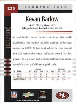 2003 Score - Scorecard #233 Kevan Barlow Back