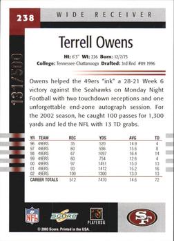 2003 Score - Scorecard #238 Terrell Owens Back
