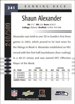 2003 Score - Scorecard #241 Shaun Alexander Back