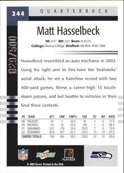 2003 Score - Scorecard #244 Matt Hasselbeck Back