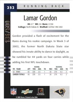 2003 Score - Scorecard #252 Lamar Gordon Back