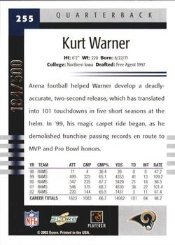 2003 Score - Scorecard #255 Kurt Warner Back