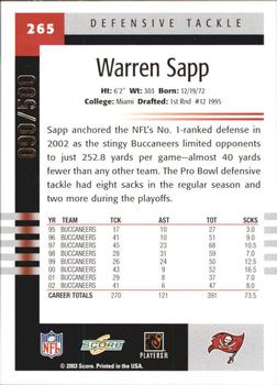 2003 Score - Scorecard #265 Warren Sapp Back