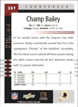 2003 Score - Scorecard #267 Champ Bailey Back