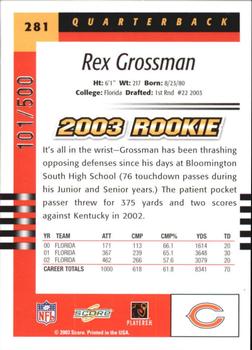2003 Score - Scorecard #281 Rex Grossman Back