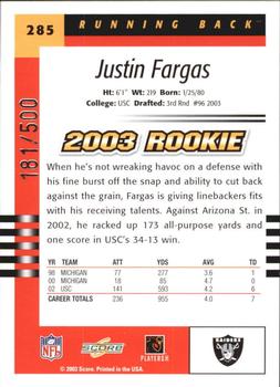 2003 Score - Scorecard #285 Justin Fargas Back
