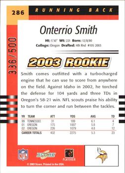 2003 Score - Scorecard #286 Onterrio Smith Back