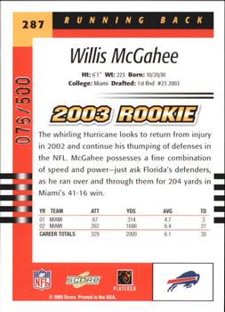 2003 Score - Scorecard #287 Willis McGahee Back
