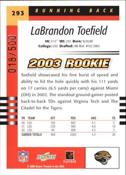 2003 Score - Scorecard #293 LaBrandon Toefield Back