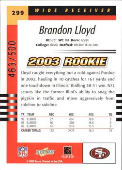 2003 Score - Scorecard #299 Brandon Lloyd Back