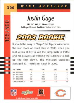 2003 Score - Scorecard #300 Justin Gage Back