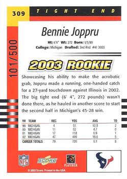 2003 Score - Scorecard #309 Bennie Joppru Back