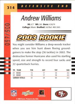 2003 Score - Scorecard #314 Andrew Williams Back