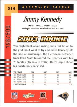 2003 Score - Scorecard #316 Jimmy Kennedy Back
