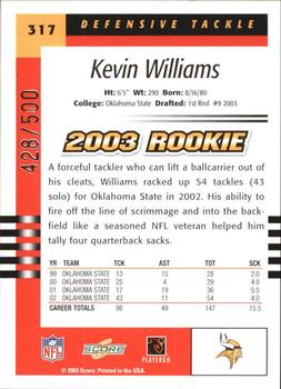 2003 Score - Scorecard #317 Kevin Williams Back