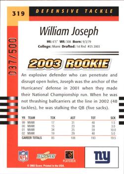 2003 Score - Scorecard #319 William Joseph Back