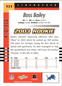 2003 Score - Scorecard #322 Boss Bailey Back