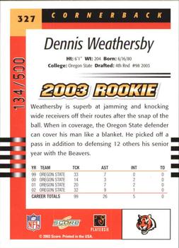 2003 Score - Scorecard #327 Dennis Weathersby Back