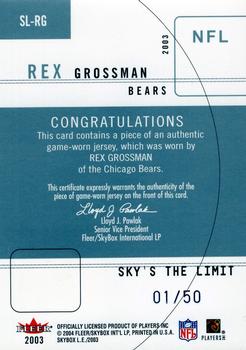 2003 SkyBox LE - Sky's the Limit Jerseys Silver Proofs #SL-RG Rex Grossman Back