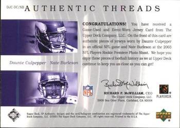 2003 SP Authentic - Authentic Threads Double #DJC-DC/NB Daunte Culpepper / Nate Burleson Back