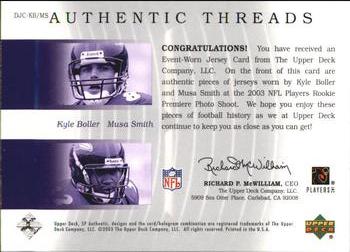 2003 SP Authentic - Authentic Threads Double #DJC-KB/MS Kyle Boller / Musa Smith Back