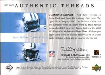 2003 SP Authentic - Authentic Threads Double #DJC-SM/TC Steve McNair / Tyrone Calico Back