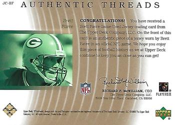 2003 SP Authentic - Authentic Threads Single Gold #JC-BF Brett Favre Back