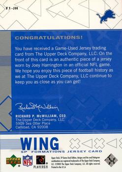 2003 SP Game Used - Formations Wing #F1-JH Joey Harrington Back
