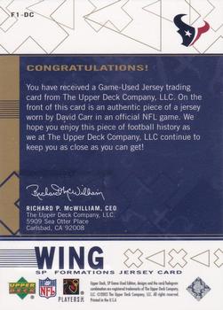 2003 SP Game Used - Formations Wing Gold #F1-DC David Carr Back