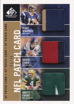 2003 SP Game Used - SP Patches Triple #PC3-CCW Kurt Warner / David Carr / Brett Favre Front