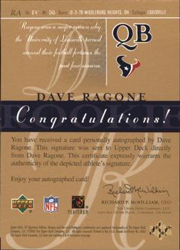 2003 SP Signature Edition - Autographs Red Ink #RA Dave Ragone Back